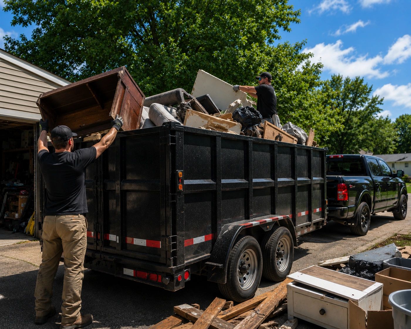 Junk removal workers loading trailer at residential property